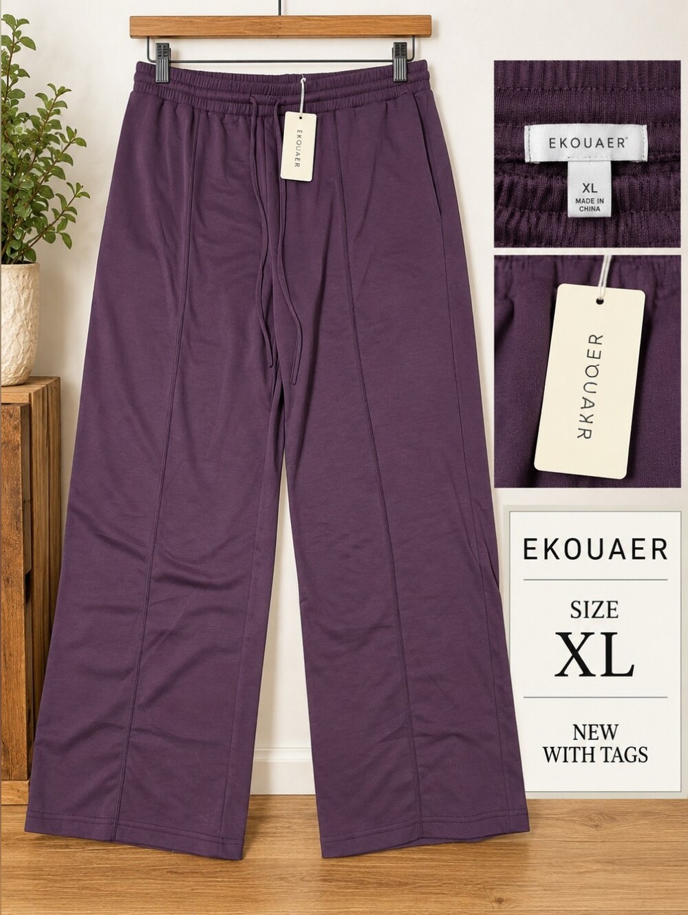 Ekouaer Wide-Leg Lounge Pants in Plum (XL)